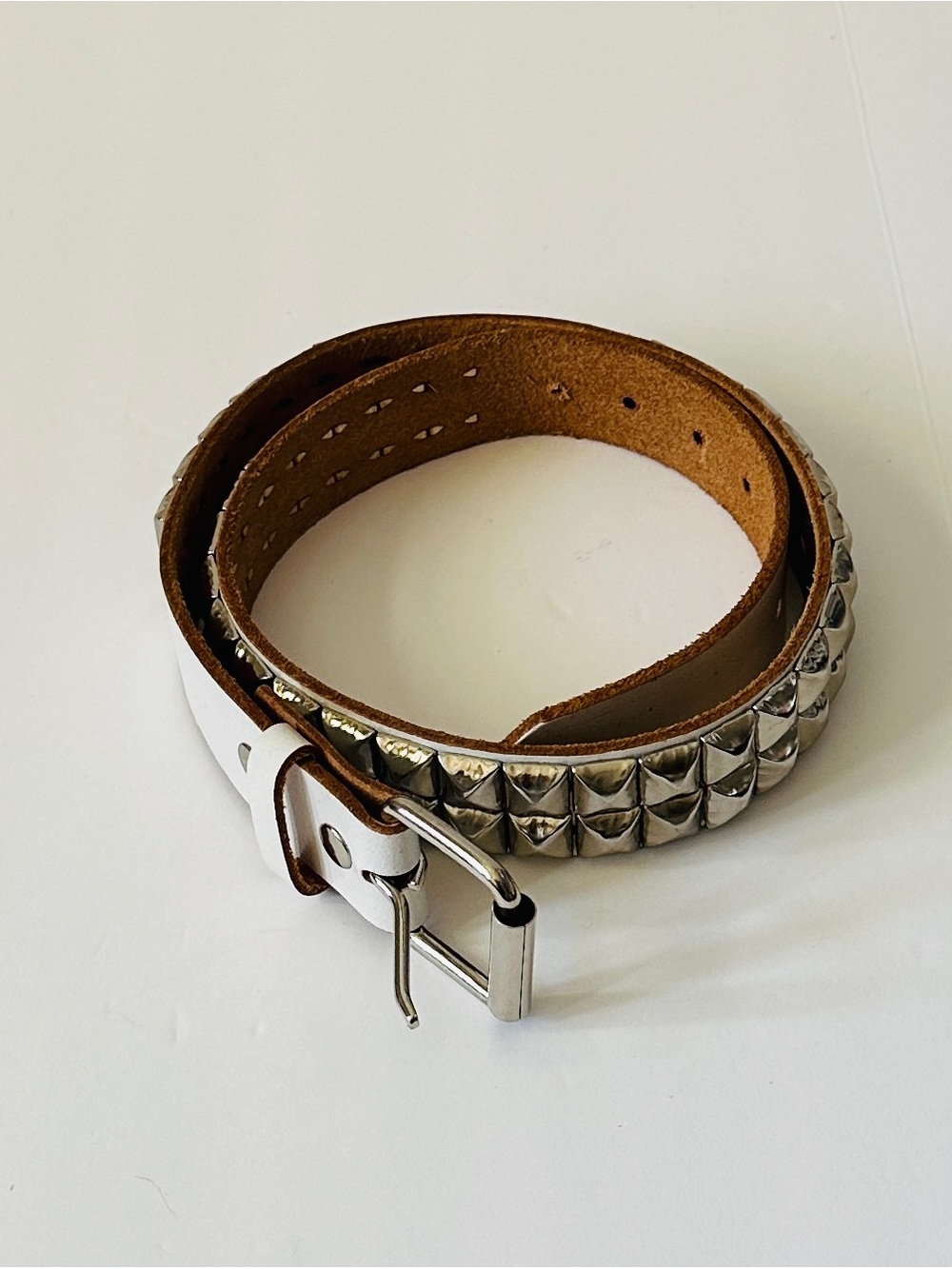 White Studded Leather Belt with Silver Hardware